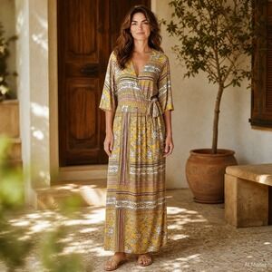 CHEZTU Maxi Dress Women‎ 14 Yellow Boho Paisley Faux Wrap V-Neck Stretch Border